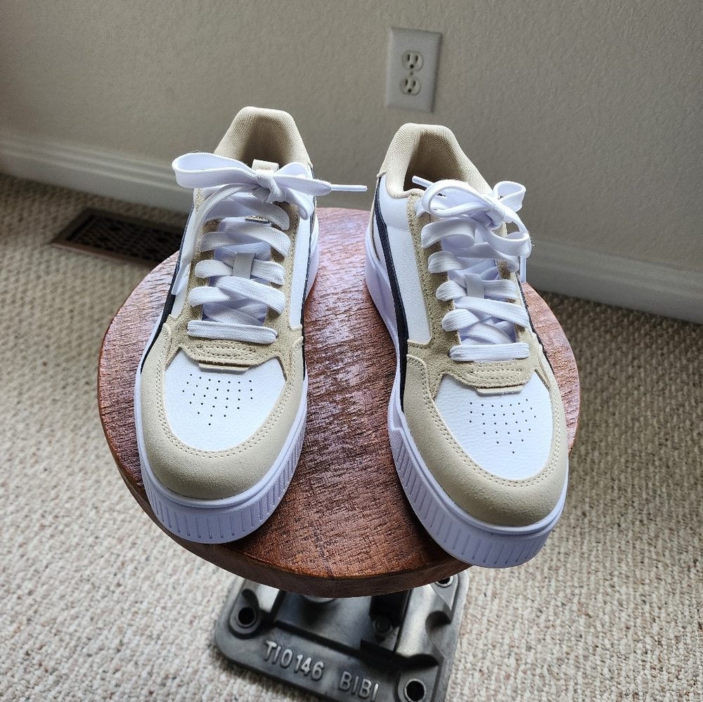 Puma Tan and White Platform Athletic Shoes with Modern Silhouette